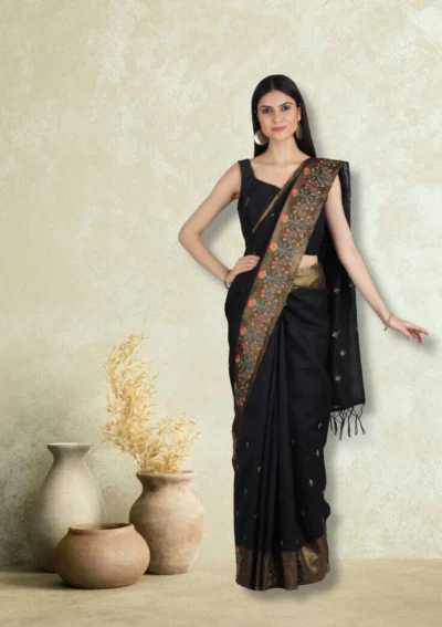 Black Woven Design Linen Saree