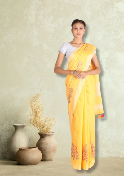 Yellow Modish Work Linen Saree