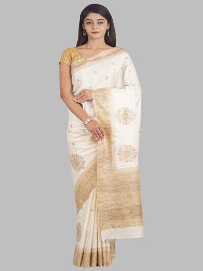 Kajree Off-White Linen Saree With Embroidery