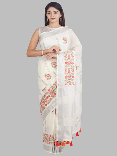 Kajree Off-White Linen Saree With Modish Work