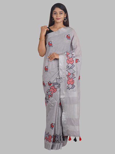 Kajree Grey Linen Saree With Modish Work