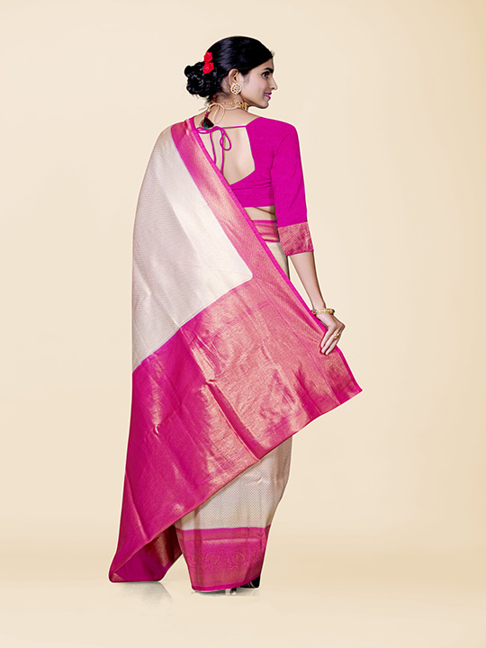 Aqua blue And Pink Litchi Silk Saree With Attached Blouse – Zariknyaa