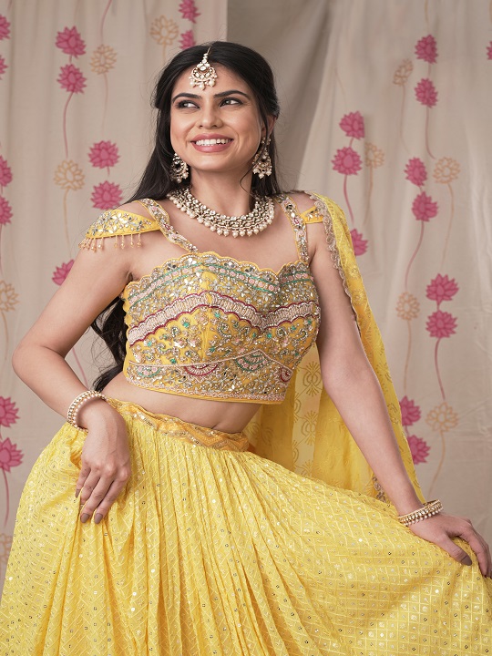 Deep Yellow Lehenga Set with Baadla Silver Embroidery and Silver  Embellishments - Seasons India